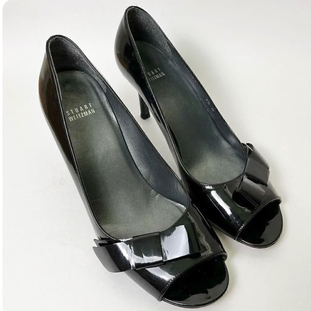 Stuart Weitzman Black Patent Leather Open Toe Classic Heels